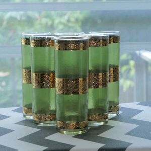 6 VTG 50s 60s MCM Culver Starlyte Glasses Green 22K Gold Filigree Tumblers VGUC